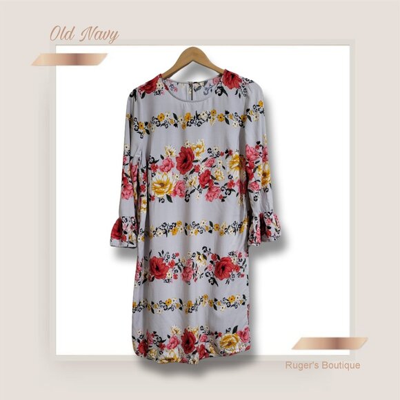 🌿Old Navy Womens Medium Tall Shift Dress 3/4 Bell Sleeves Gray Floral Print - Picture 3 of 12